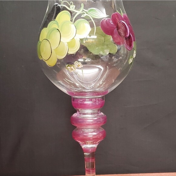 Vintage 1990's Hand Painted Glass Hurricane Candle Holder Set Grape Design - Picture 7 of 9